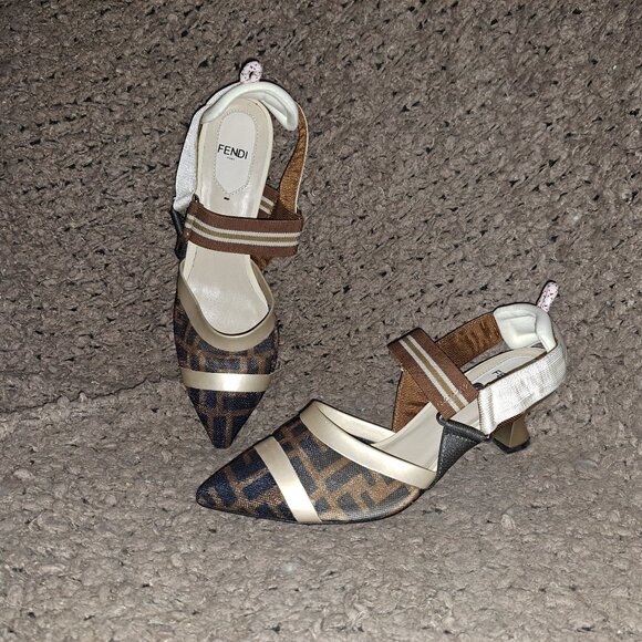 FENDI-Colibri Pumps Sandals-Zucca-Slingback-Metal Heel-Sz 39-Near Mint - Picture 1 of 9